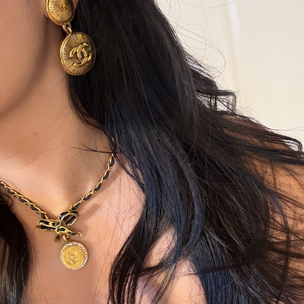 Chanel  Vintage Gold CC Medallion Coin Dangle Clip On Earrings